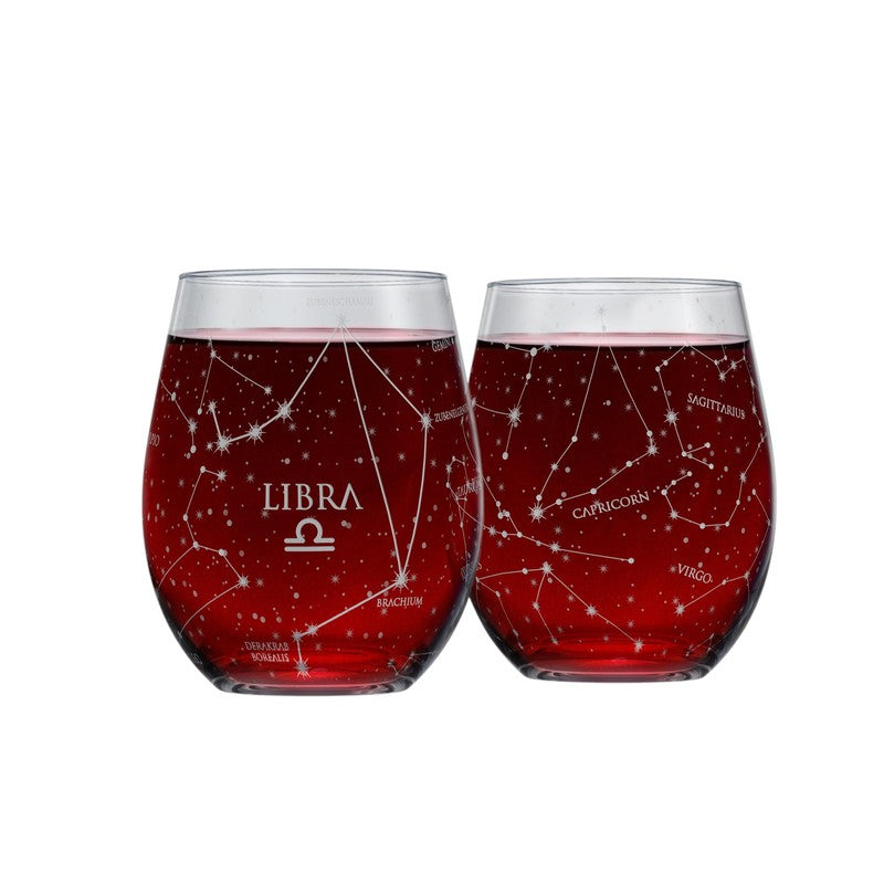 Libra Stemless Wine Glasses Zodiac Libra Set Hand Etched 15 Oz (Set of 2) - Astrology Sign Glassware